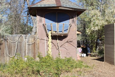 Rapunzel's hair hanging out of an old house