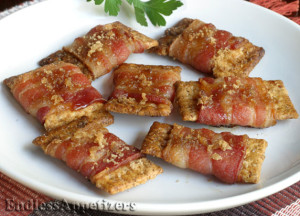 Kids snack can be yummy for adults too! Image from http://www.endlessappetizers.com/recipes/bacon-wrapped-crackers.htm